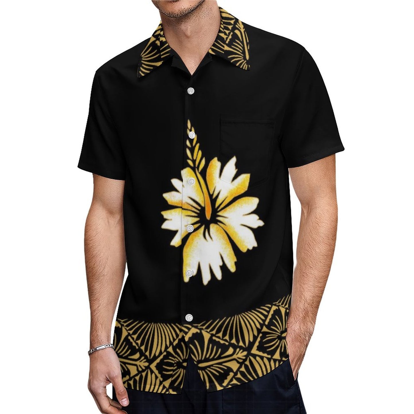 Samoa Flowers Pattern Polynesian Tribal Hawaiian Shirt Summer Island Black Short Sleeve Shirt For Him