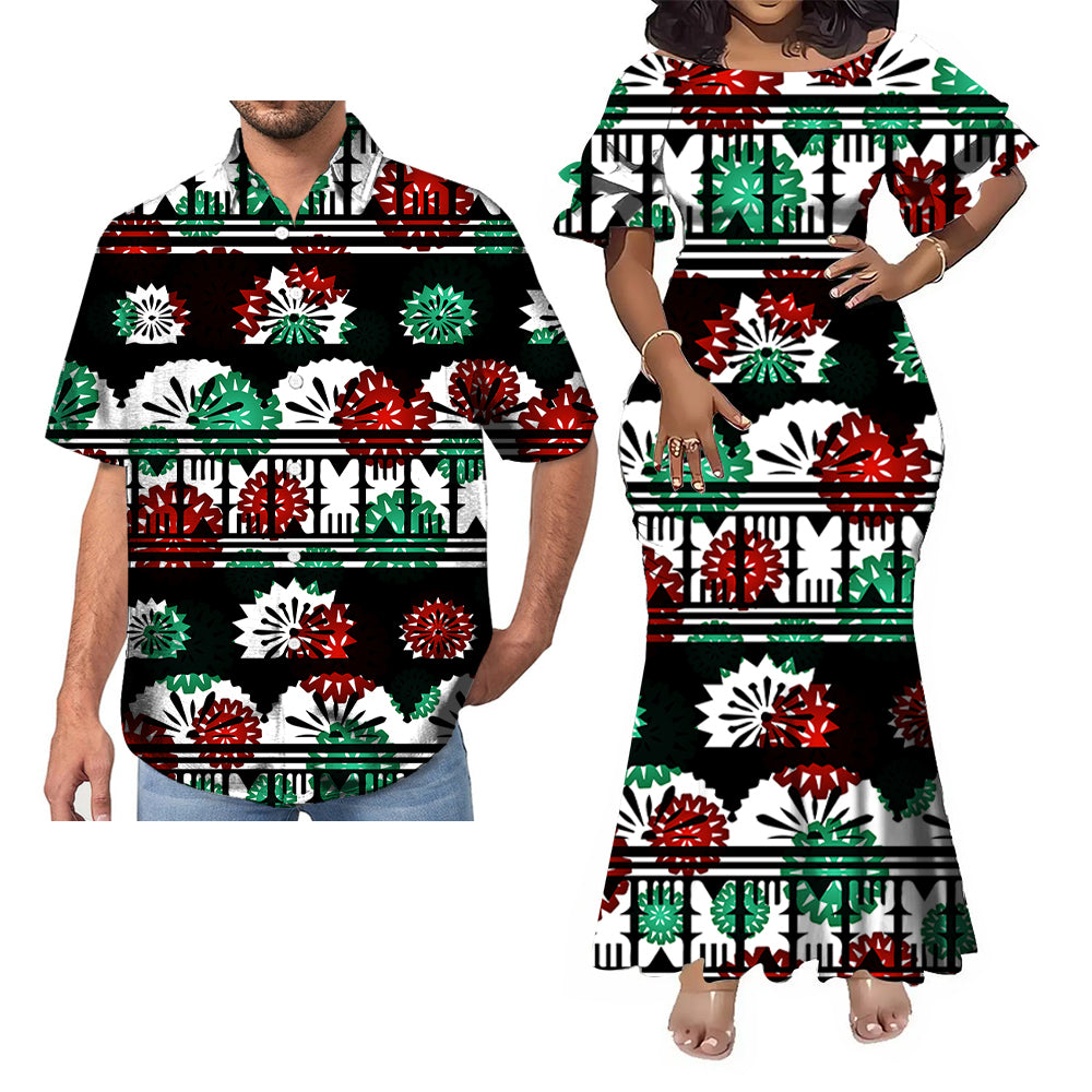 Polynesian Tribal Geometric Pattern Vintage Fishtail Skirt Dress And Shirt Couple Set Outfit