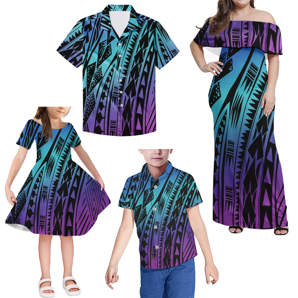 Purple Polynesian Tribal Pattern Matching Family Outfits Combo Dress and Hawaiian Shirt For Family Members