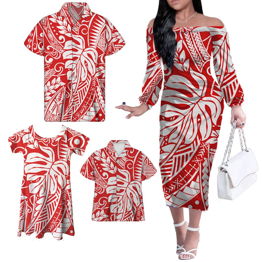 Red Polynesian Tribal Pattern Matching Family Outfit Dress Long Sleeve Dress For Her And Tropical Hawaiian Shirt For Him