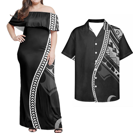 Polynesian Tribal Pattern Curve Style Black Combo Dress and Hawaiian Shirt Matching Couples Outfit For Him Her