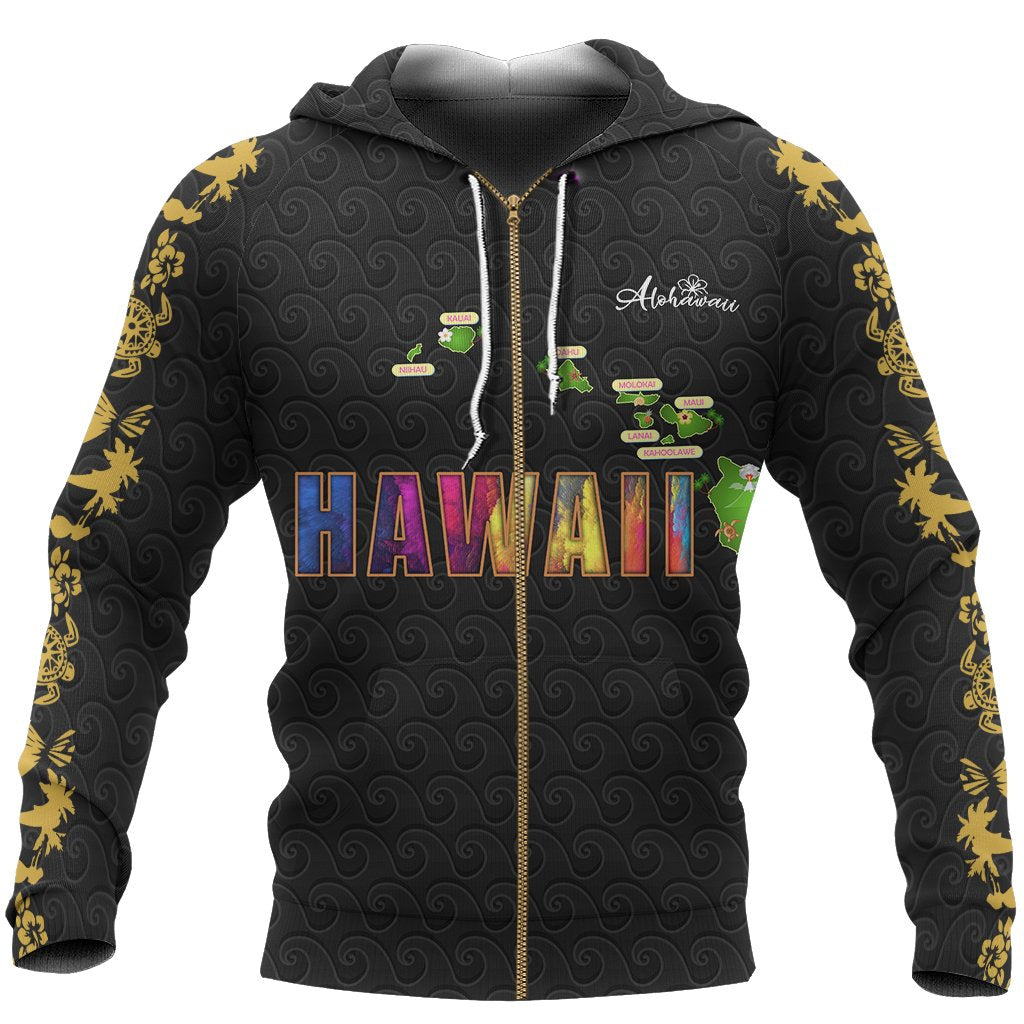 Hawaii Map Zip up Hoodie Symbol Style