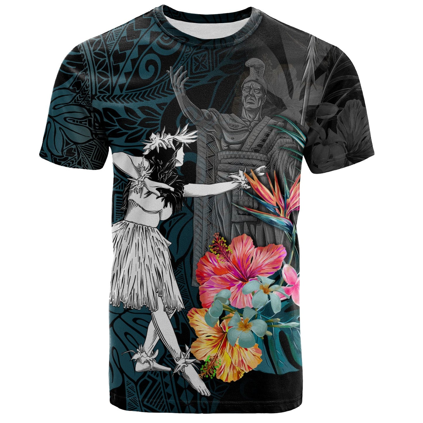Hawaii T-Shirt King Kamehameha With Hawaiian Girls Tropical Flowers Shirt