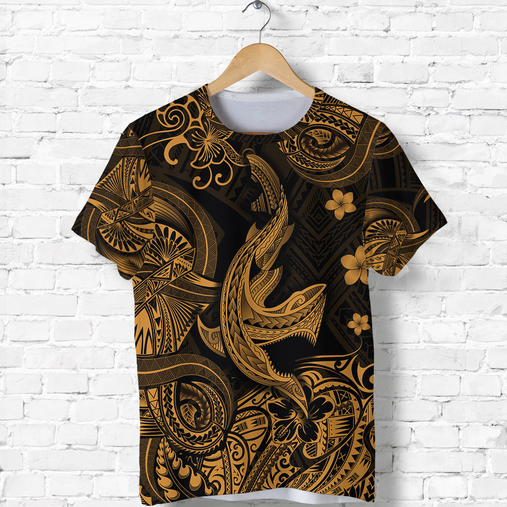 Hawaii Angry Shark Polynesian T Shirt Unique Style Gold