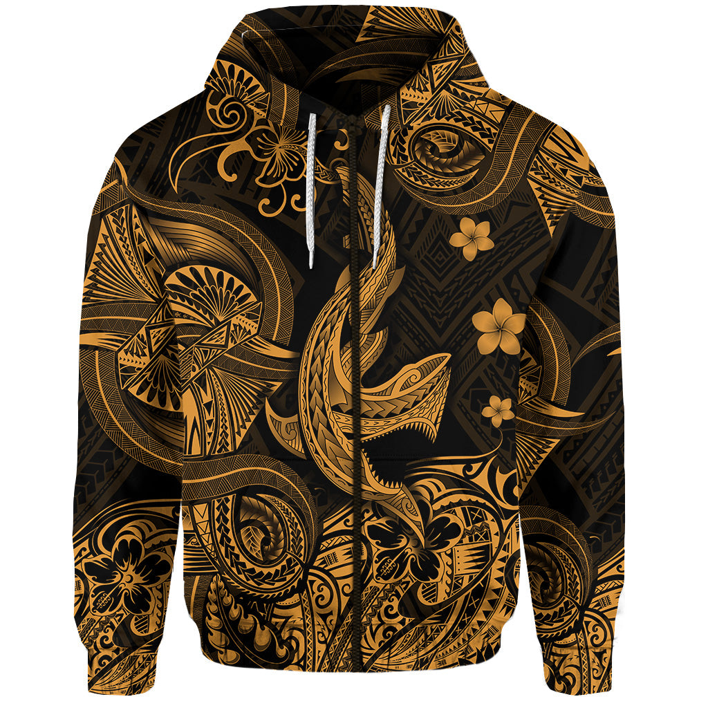 Hawaii Angry Shark Polynesian Zip Hoodie Unique Style Gold