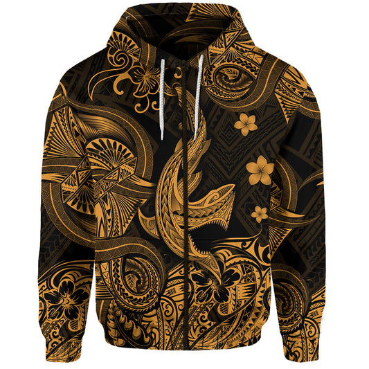 Hawaii Angry Shark Polynesian Zip Hoodie Unique Style Gold