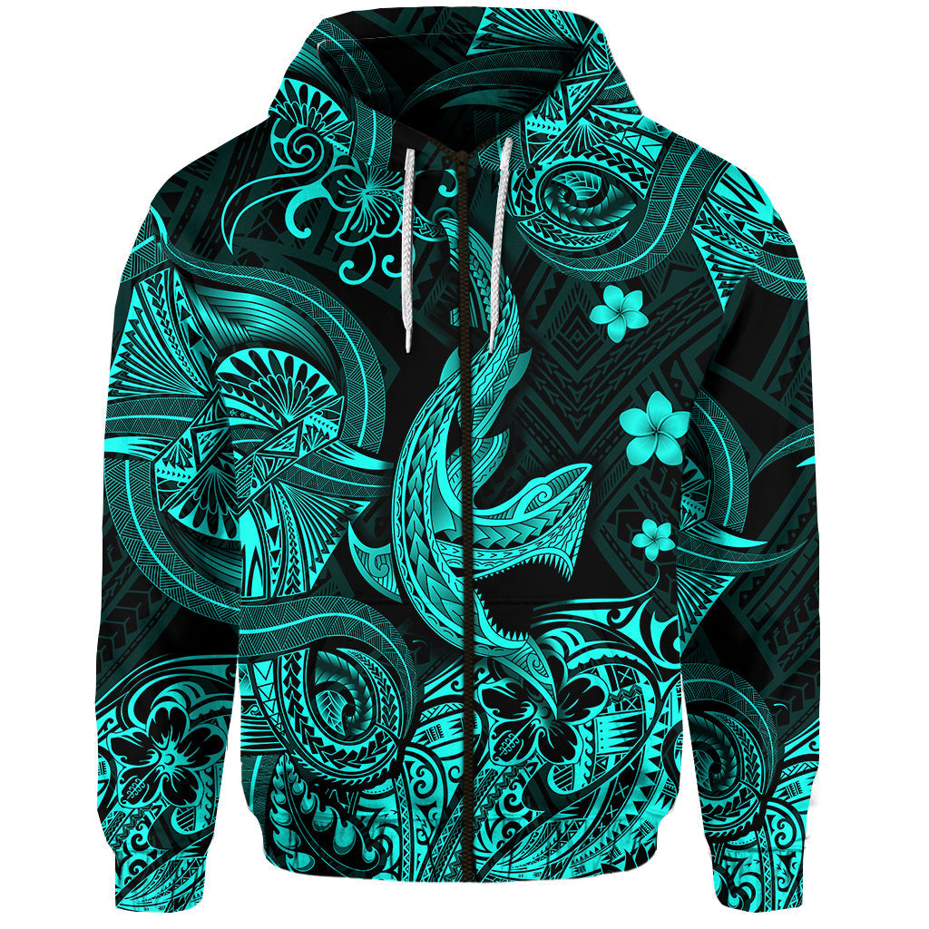 ( Personalised) Hawaii Angry Shark Polynesian Zip Hoodie Unique Style Turquoise