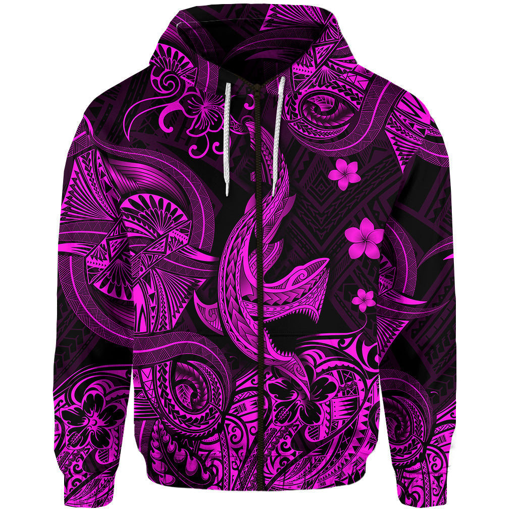( Personalised) Hawaii Angry Shark Polynesian Zip Hoodie Unique Style Pink