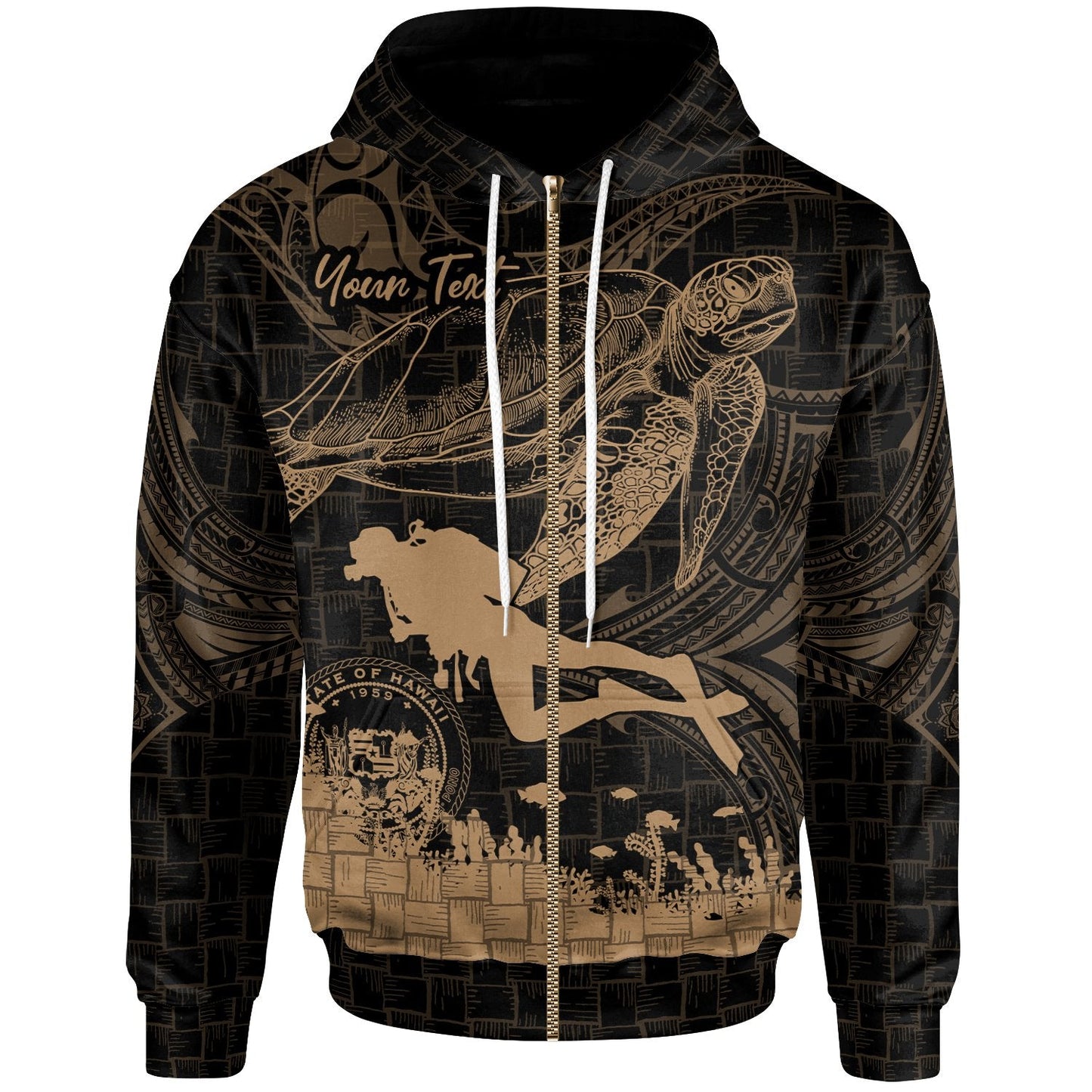 Custom Text Hawaii Custom Personalized Zip Up Hoodie Scuba Diving With Turtle