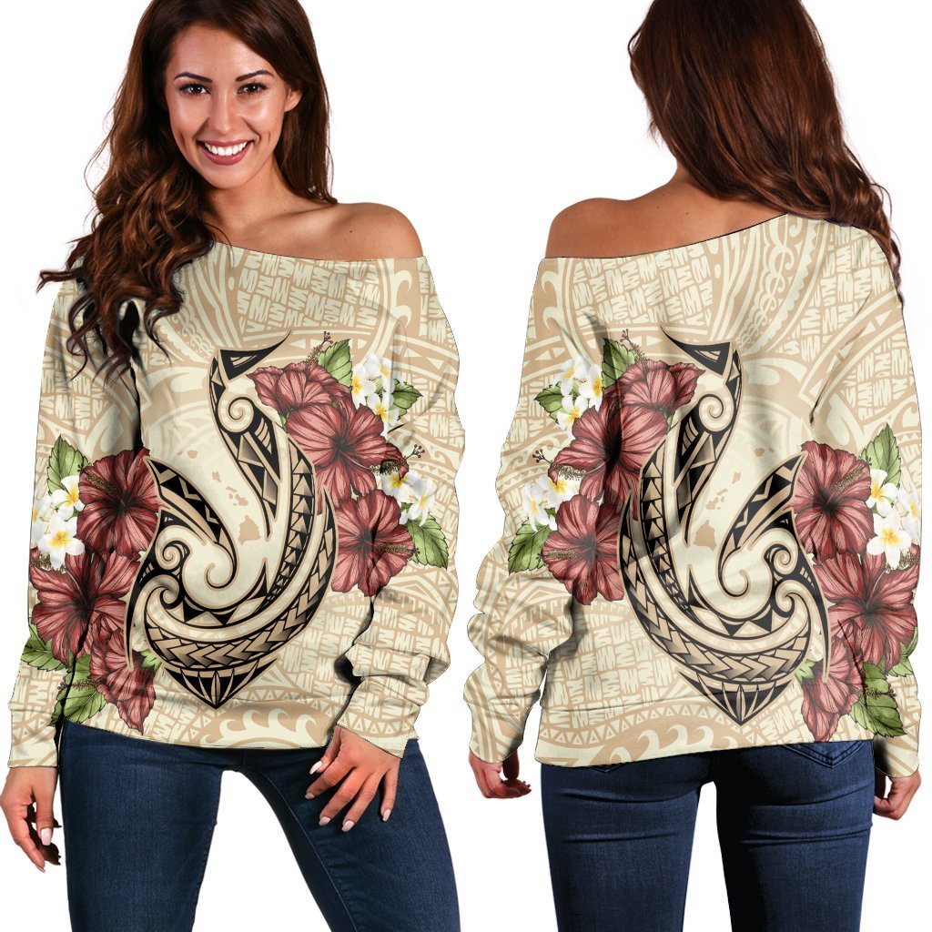 Hawaii Fish Hook Hibiscus Plumeria Polynesian Women's Off Shoulder Sweater AH
