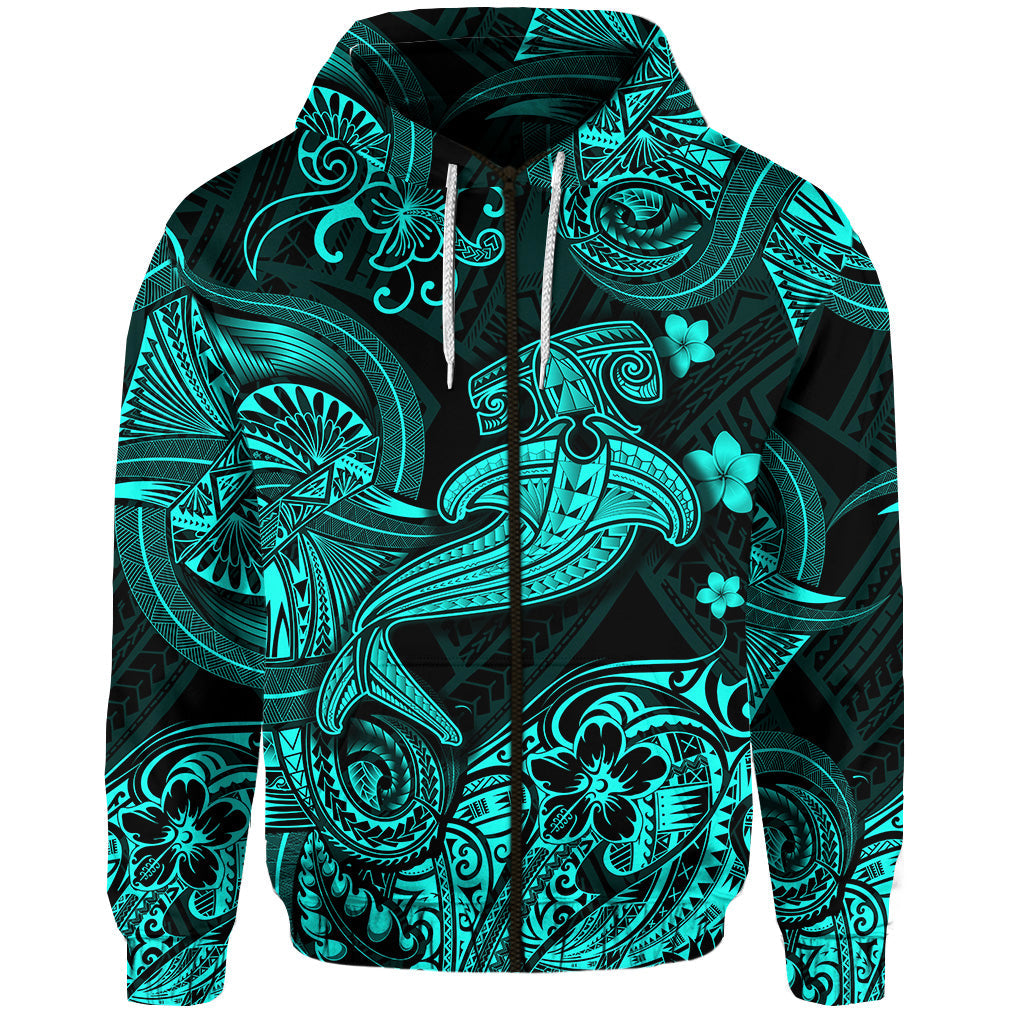 ( Personalised) Hawaii Hammer Shark Polynesian Zip Hoodie Unique Style Turquoise