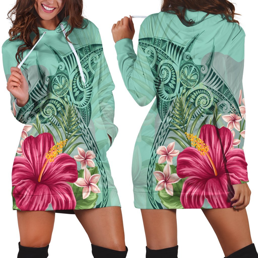 Hawaii Manta Ray Tropical Hibiscus Plumeria Hoodie Dress AH