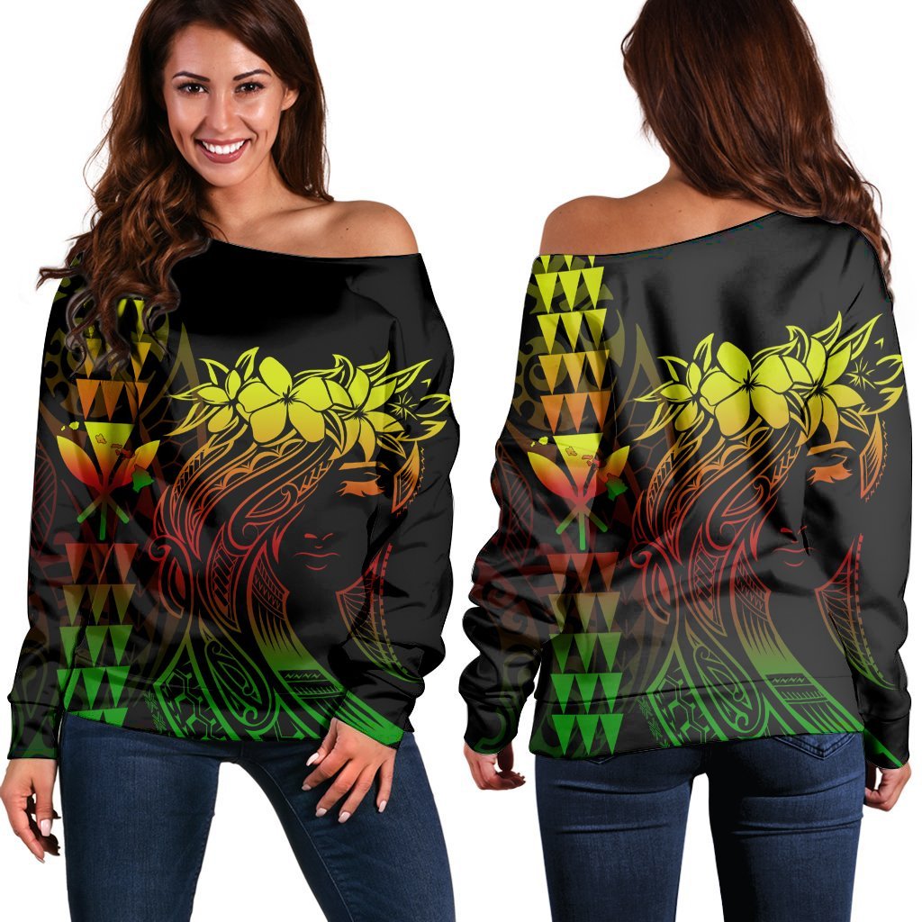 Hawaii Map Kanaka Polynesian Hula Girl Women's Off Shoulder Sweater Reggae AH J5R