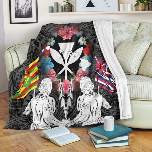Hawaii Map Kanaka Two Men Holding Flag Premium Blankets AH