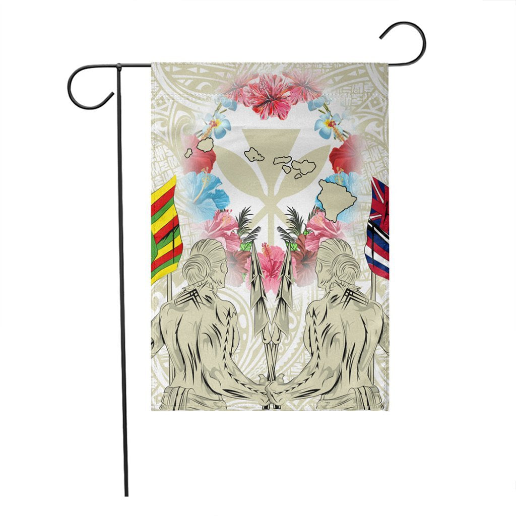 Hawaii Map Kanaka Two Men Holding Flag Flag Beige AH