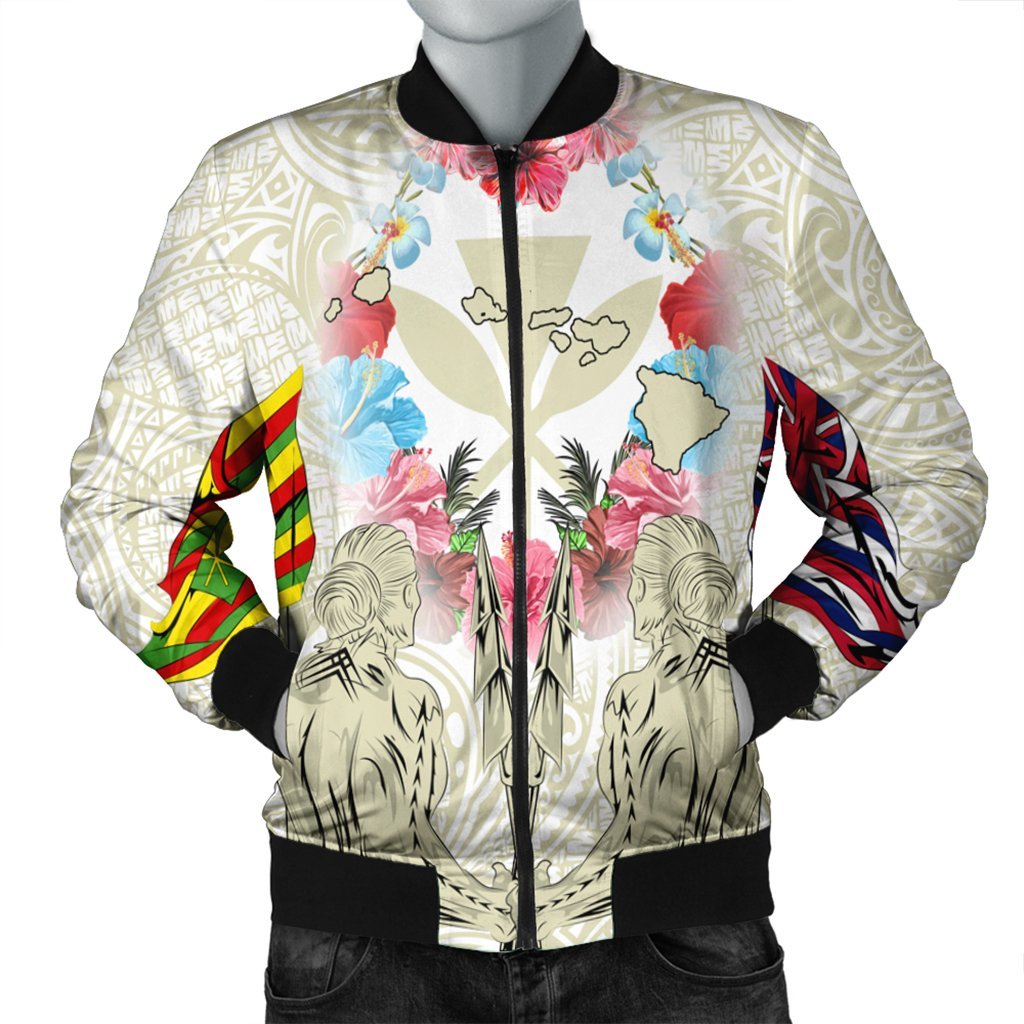 Hawaii Map Kanaka Two Men Holding Flag Bomber Jacket Beige AH