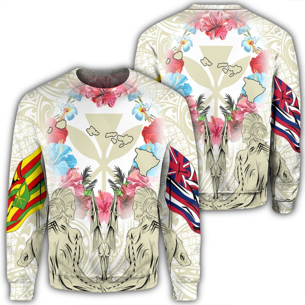 Hawaii Map Kanaka Two Men Holding Flag Sweatshirt Beige AH
