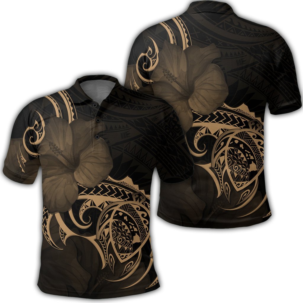 Hawaii Map Turtle Hibiscus Divise Polynesian Polo Shirt Gold - AH