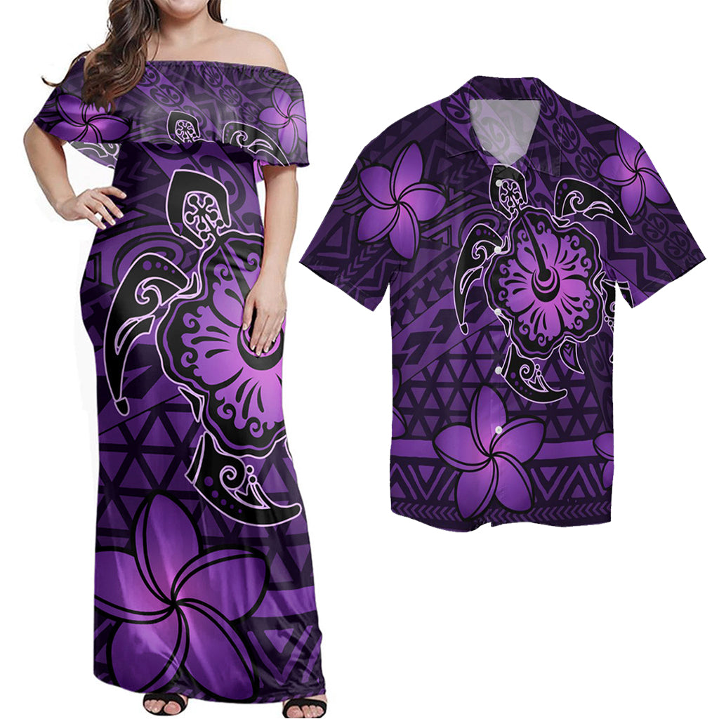 Hawaii Combo Dress and Shirt Hawaii Mix Polynesian Turtle Plumeria Nick Style Purple Matching Couples Outfit