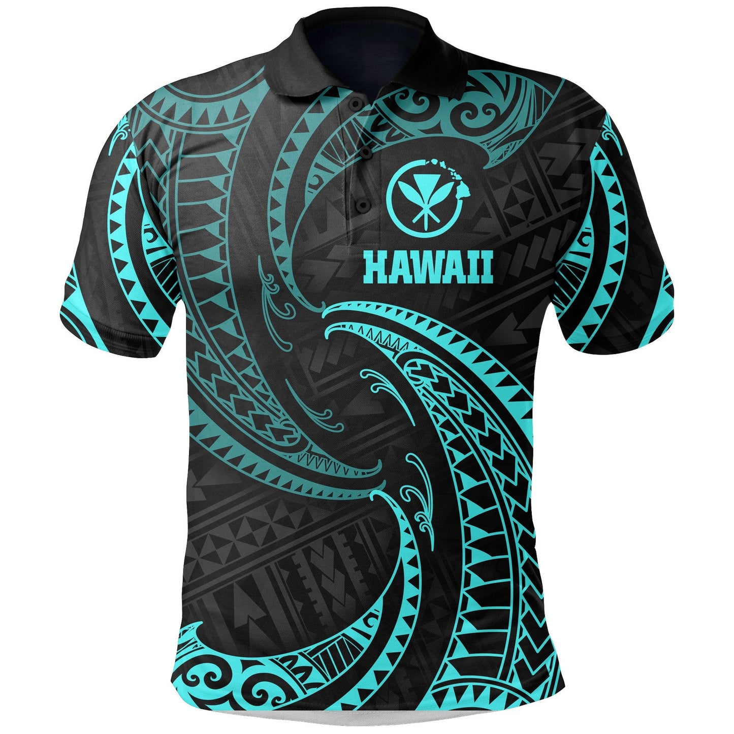 Hawaii Polynesian Polo Shirt - Neon Blue Tribal Wave