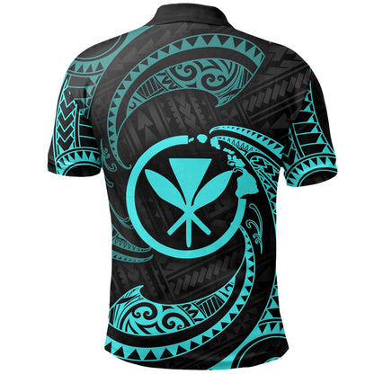 Hawaii Polynesian Polo Shirt - Neon Blue Tribal Wave