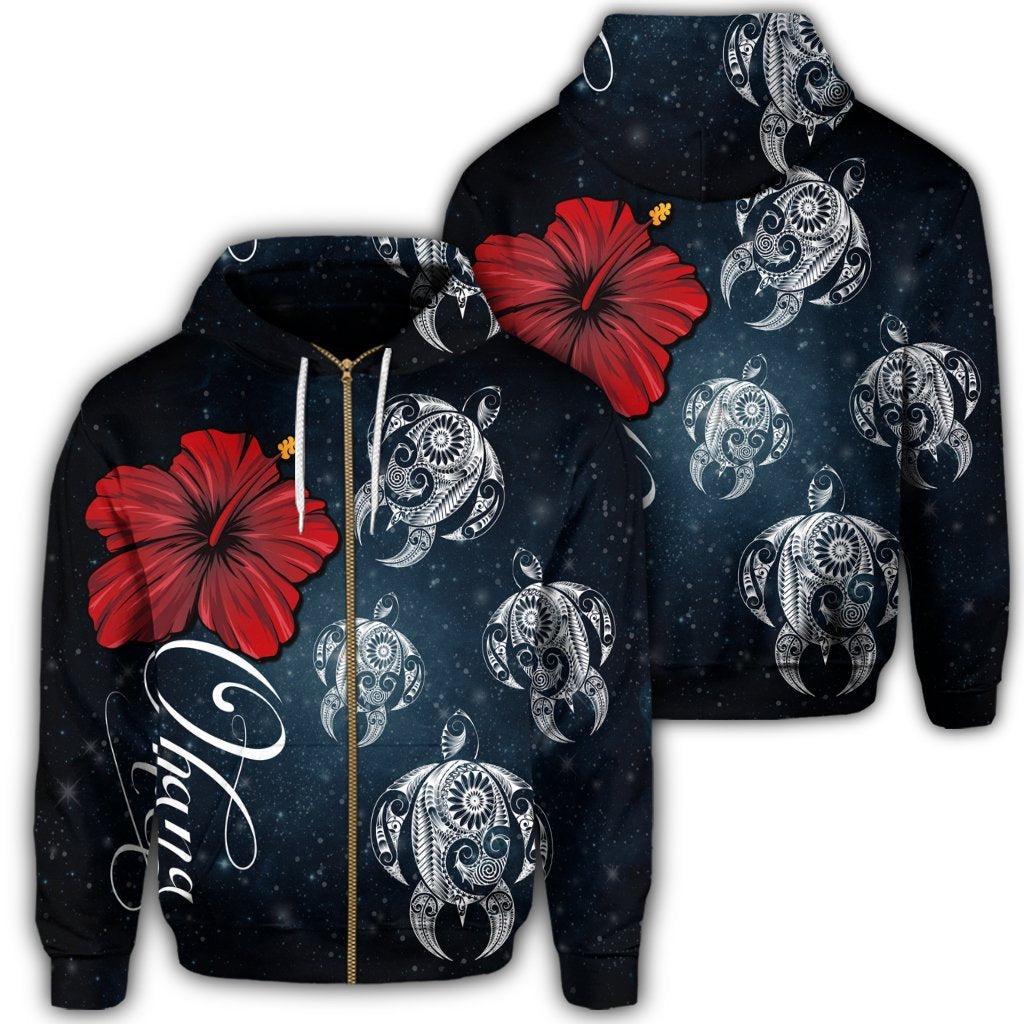 Hawaii Ohana Turtle Hibiscus Galaxy Zip Hoodie
