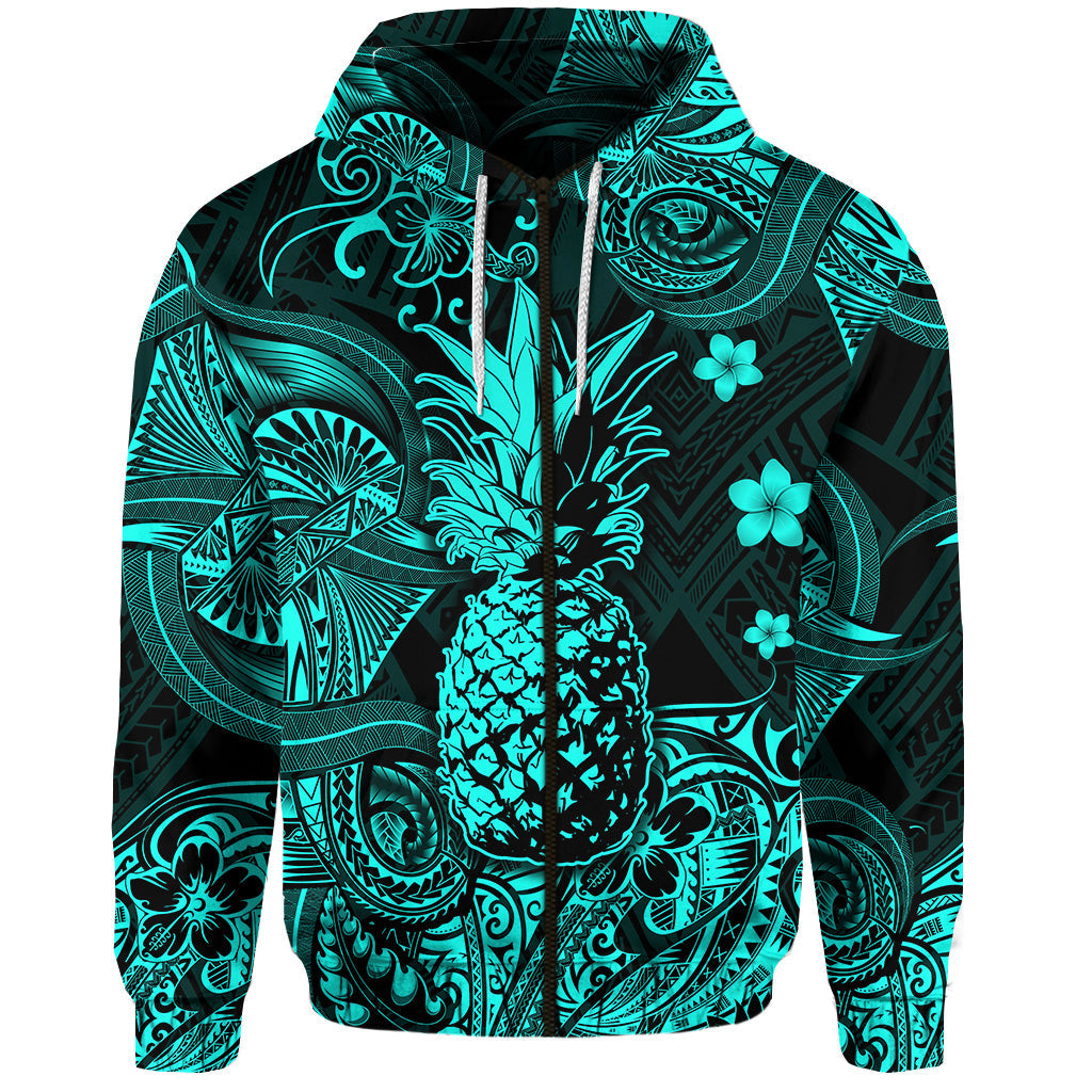 ( Personalised) Hawaii Pineapple Polynesian Zip Hoodie Unique Style Turquoise