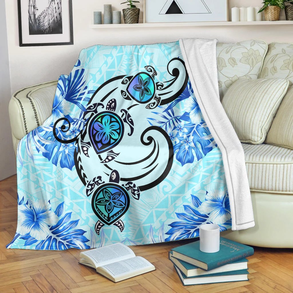 Hawaii Polynesian Plumeria Hibiscus Turtle Premium Blankets AH Jack Style Blue