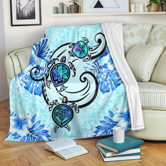 Hawaii Polynesian Plumeria Hibiscus Turtle Premium Blankets AH Jack Style Blue
