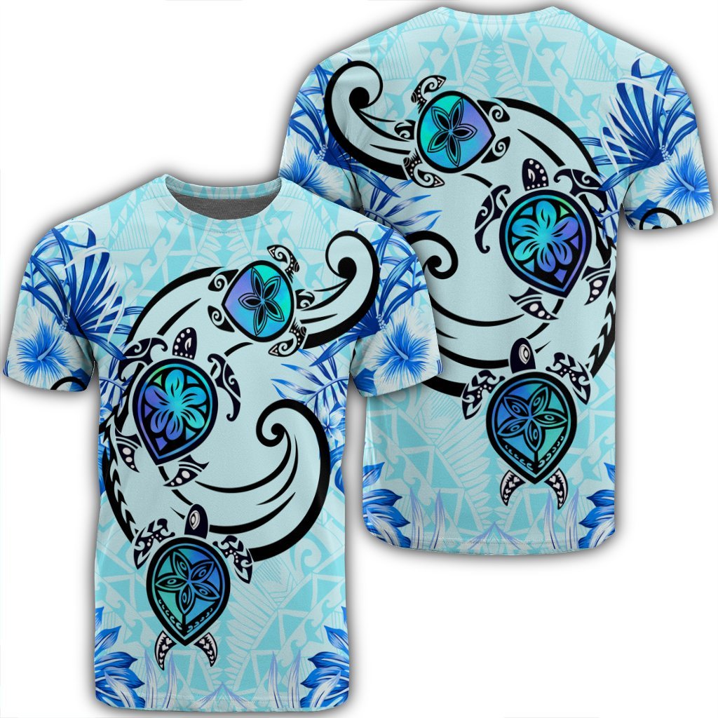 Hawaii Polynesian Plumeria Hibiscus Turtle T - Shirt - Ah - Jack Style - Blue