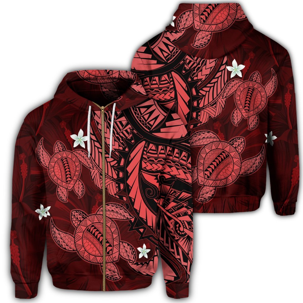 Hawaii Polynesian Turtle Hibiscus Zip Hoodie Red