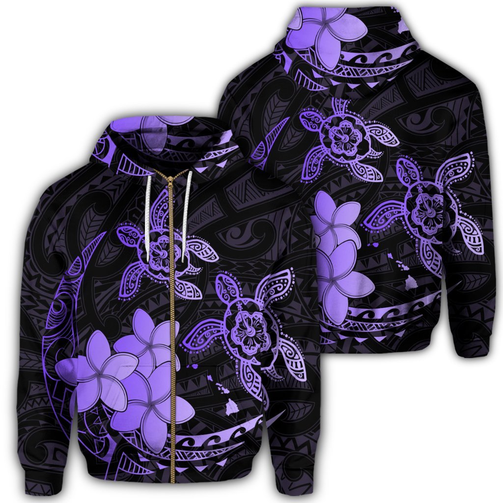 Hawaii Polynesian Turtle Plumeria Zip Hoodie Pog Style Purple