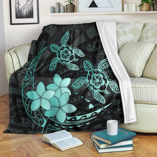 Hawaii Polynesian Turtle Plumeria Premium Blankets Pog Style Turquoise AH