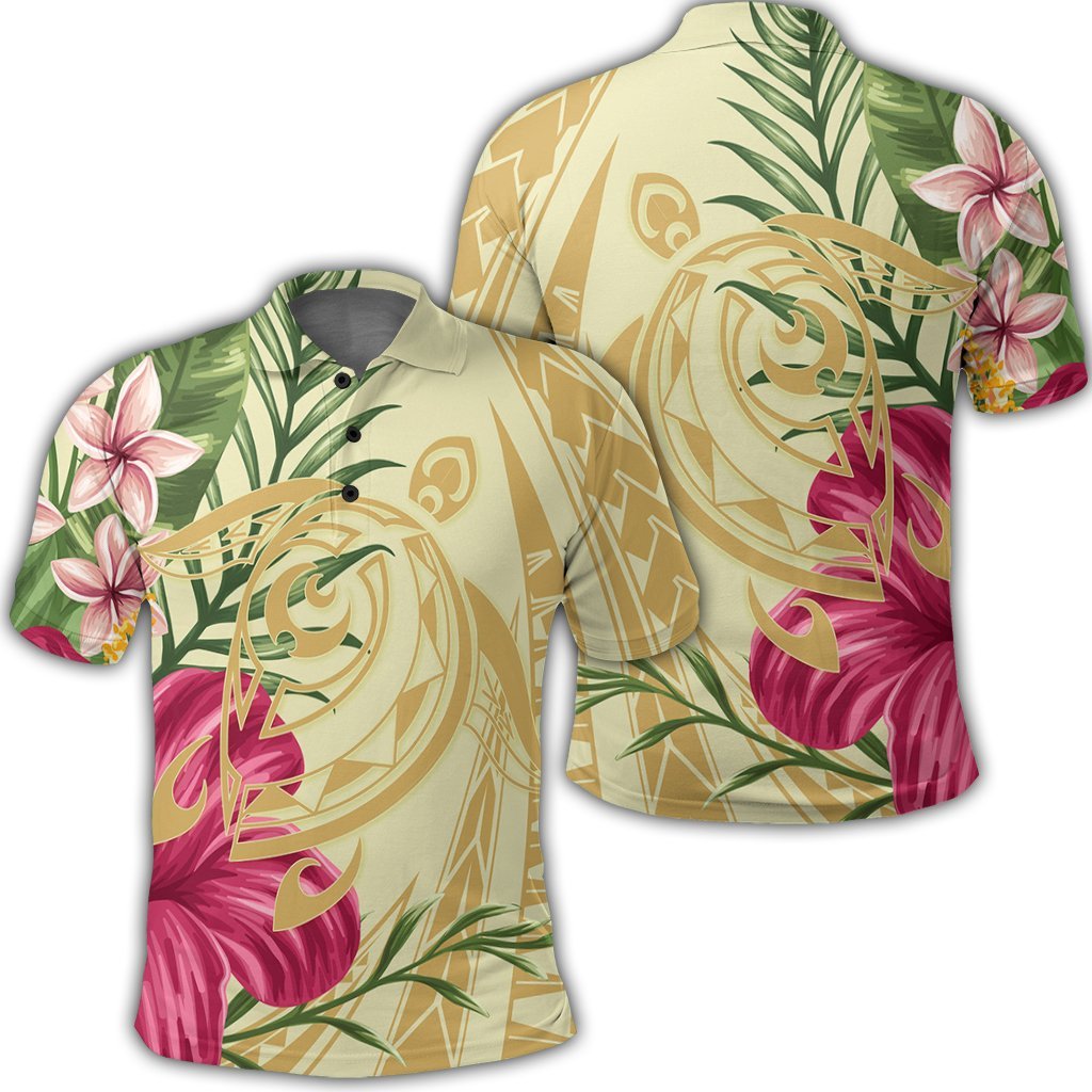 Hawaii Polynesian Turtle Tropical Hibiscus Plumeria Polo Shirt - Beige - AH
