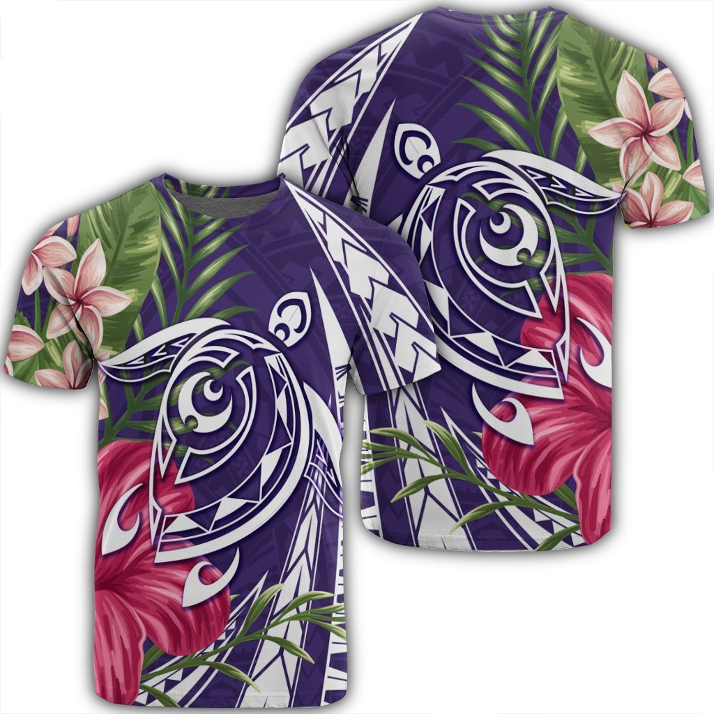Hawaii Polynesian Turtle Tropical Hibiscus Plumeria T-Shirt - Purple - Ah