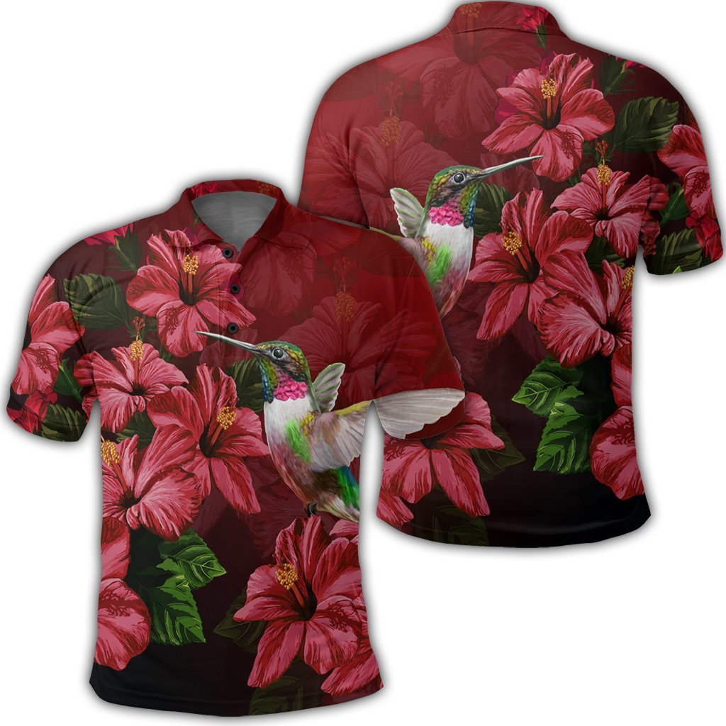 Hawaii Red Hibiscus Humming Bird Polo Shirt - AH