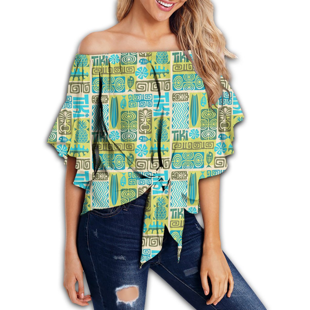 Hawaii Seamless Exotic Tiki Pattern Women's Off Shoulder Wrap Waist Top - AH
