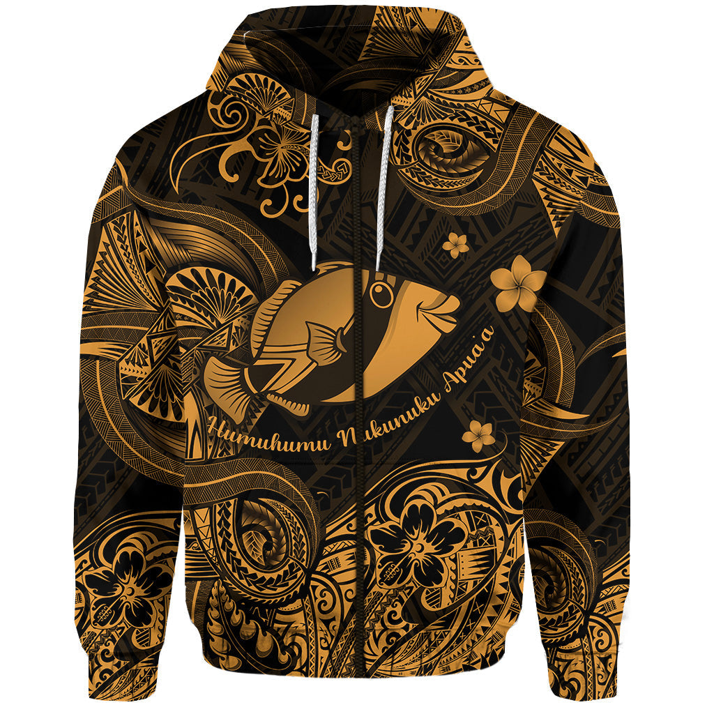 Hawaii State Fish: Humuhumu Nukunuku Apua'a Polynesian Zip Hoodie Unique Style Gold