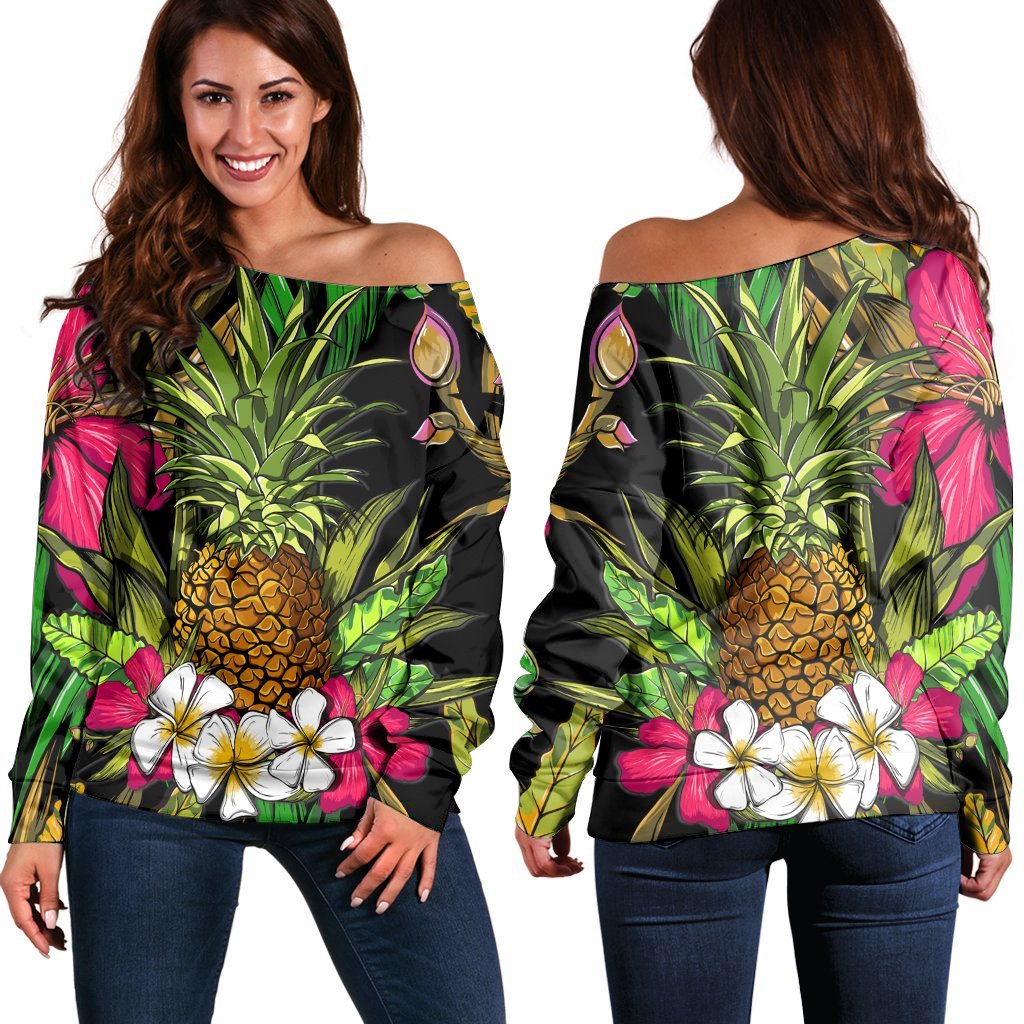 Hawaii Tropical Flowers Pineapple Women's Off Shoulder Sweater AH