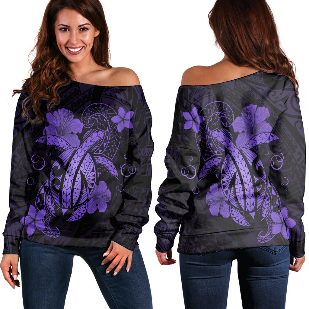 Hawaii Turtle Flower Polynesian Women's Off Shoulder Sweater Purple AH