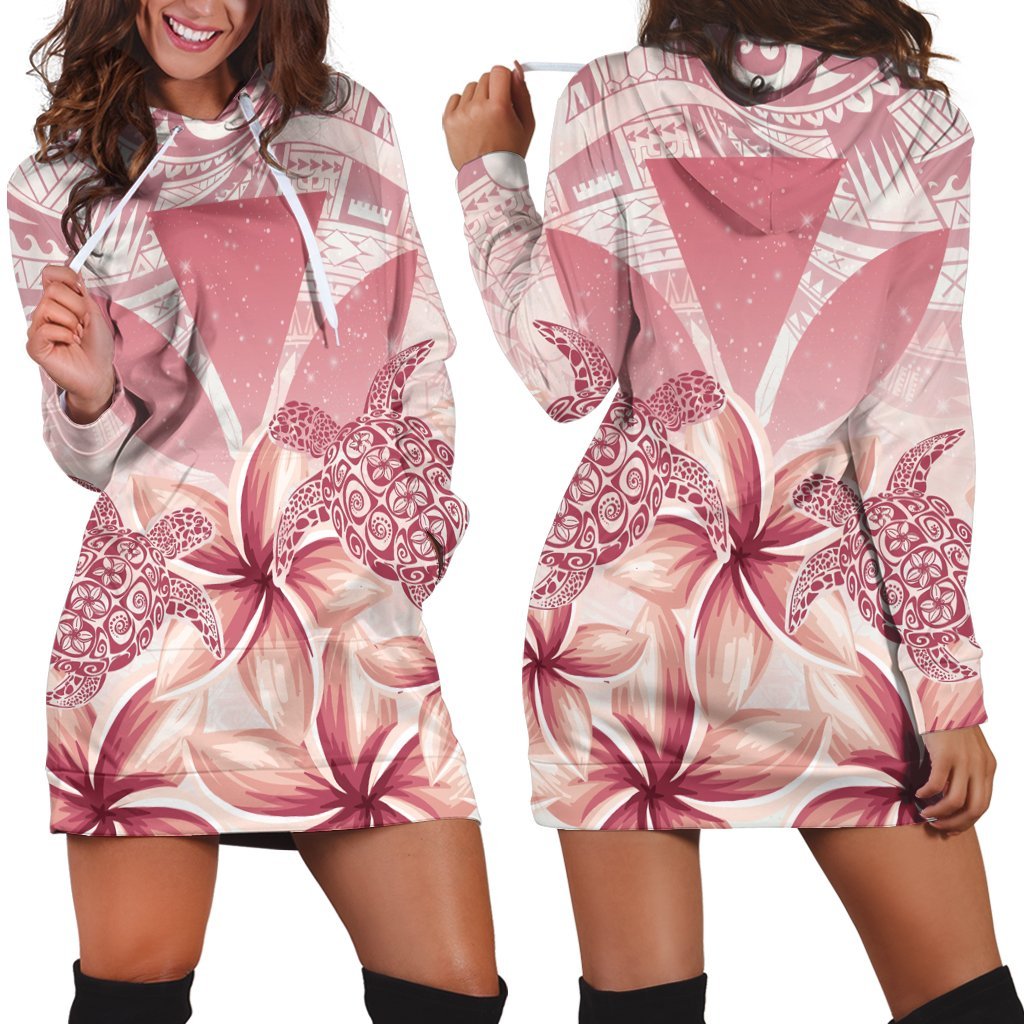 Hawaii Turtle Kanaka Plumeria Polynesian Hoodie Dress Pink AH
