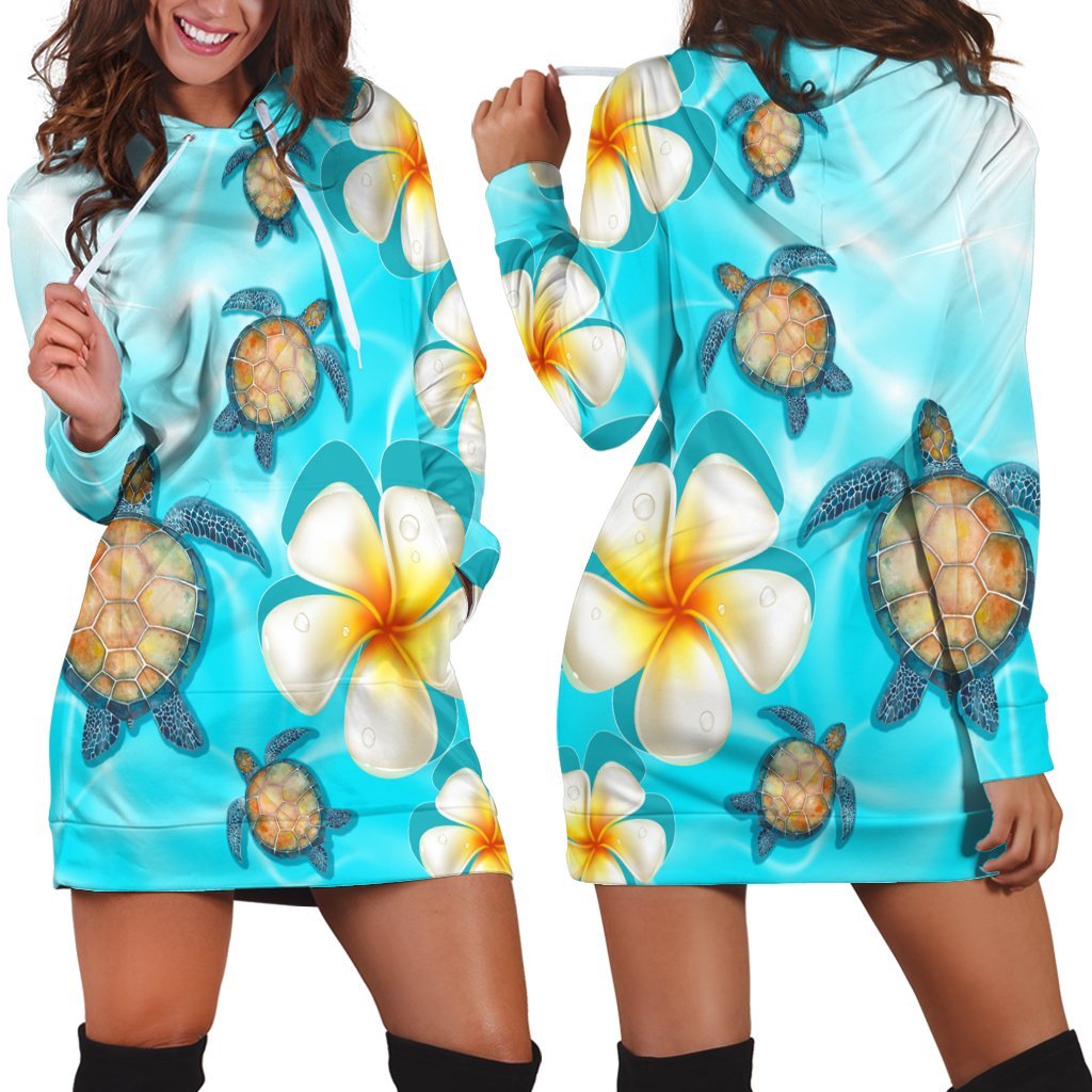 Hawaii Turtle Plumeria Ocean Hoodie Dress AH