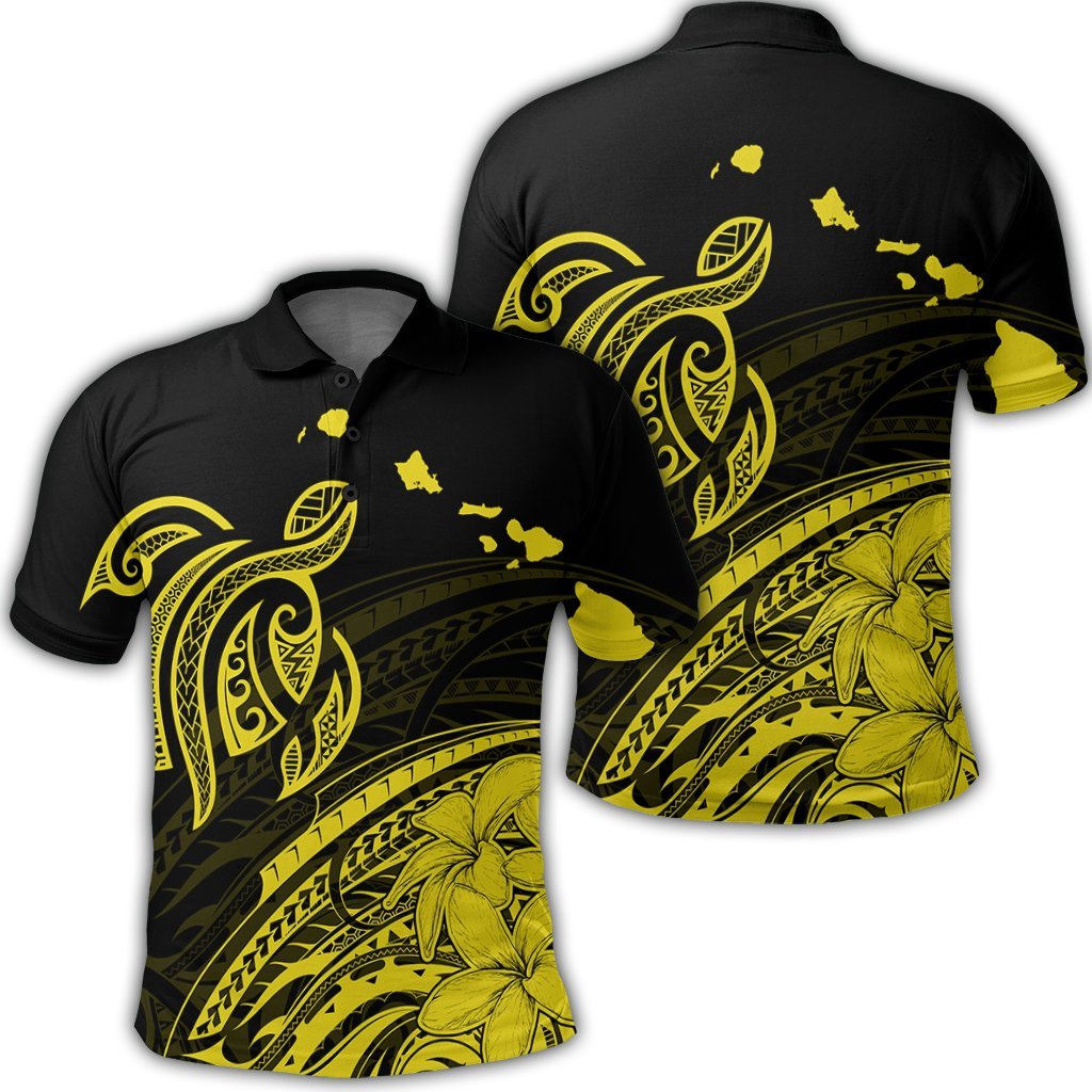 Hawaii Turtle Polynesian Map Plumeria Yellow Polo Shirt - AH