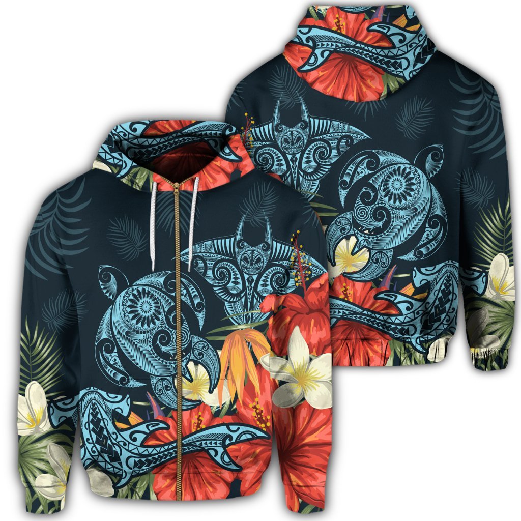 Hawaii Turtle Shark Manta Ray Hibiscus Plumeria Zip Hoodie
