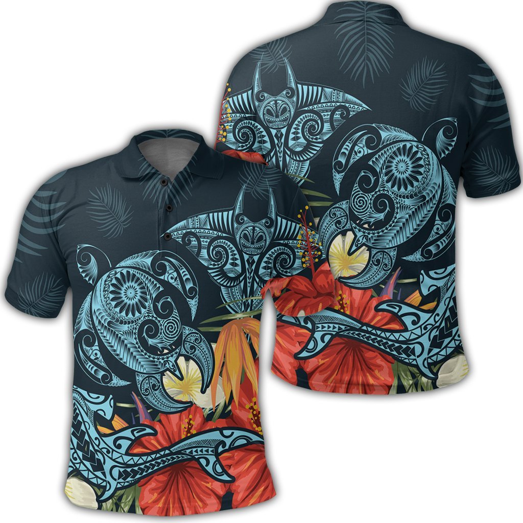 Hawaii Turtle Shark Manta Ray Hibiscus Plumeria Polo Shirt - AH