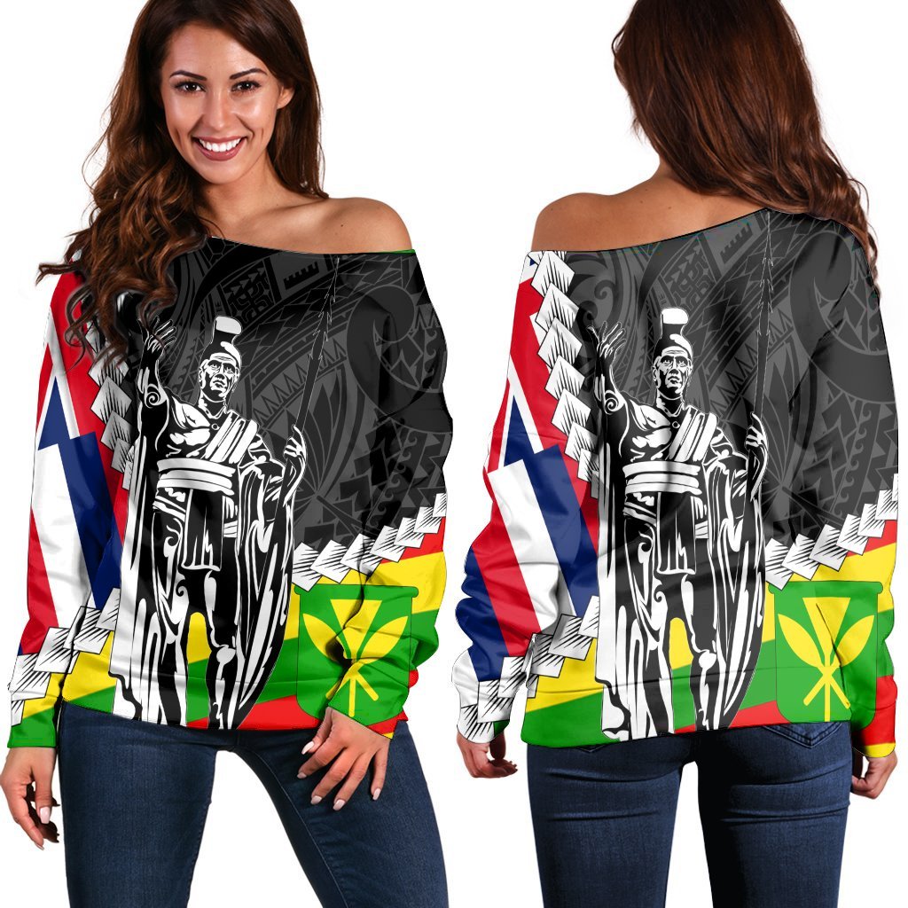 Hawaii Two Flag Kanaka Maoli King Polynesian Women's Off Shoulder Sweater AH