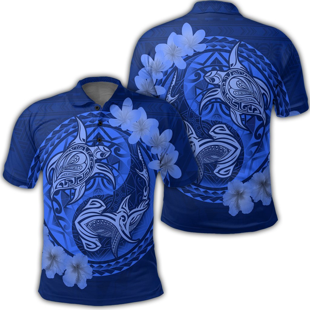 Hawaii Yin Yang Turtle Shark Hibiscus Plumeria Polo Shirt - Blue - AH