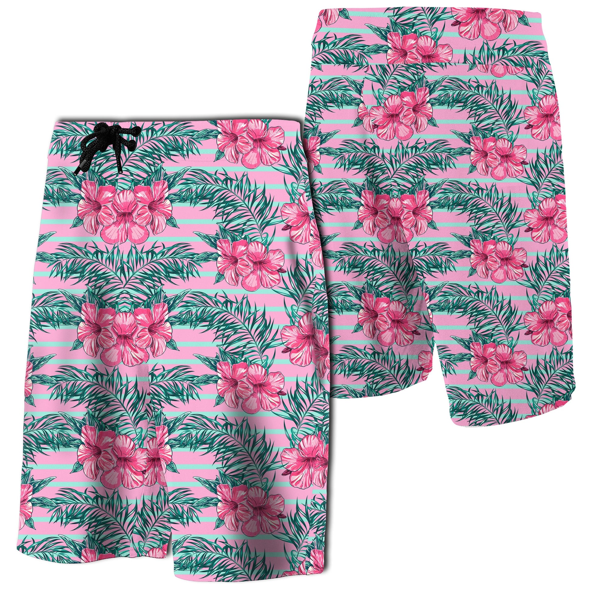 Hawaii Tropical Flowers Palm Leaves Hibiscus Strip Board Shorts