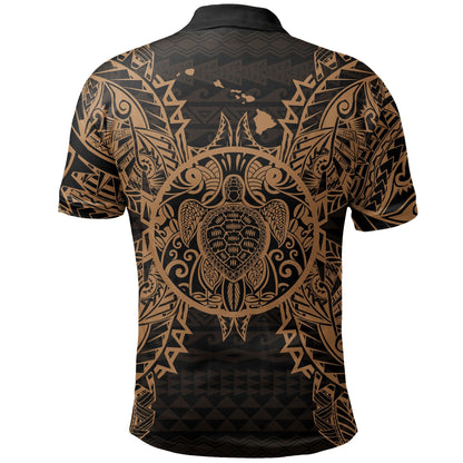 Hawaii Polo Shirt - Hawaii Map Polynesian Turtle Gold