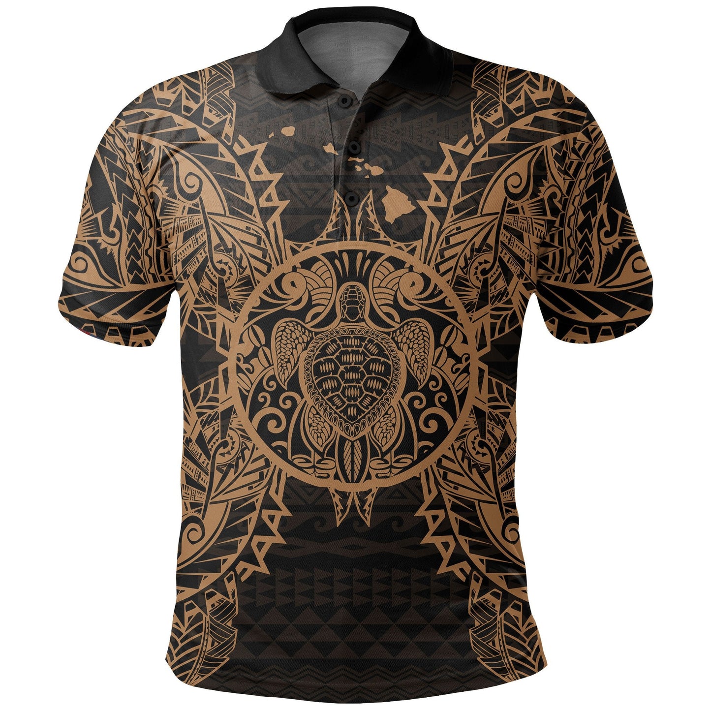 Hawaii Polo Shirt - Hawaii Map Polynesian Turtle Gold